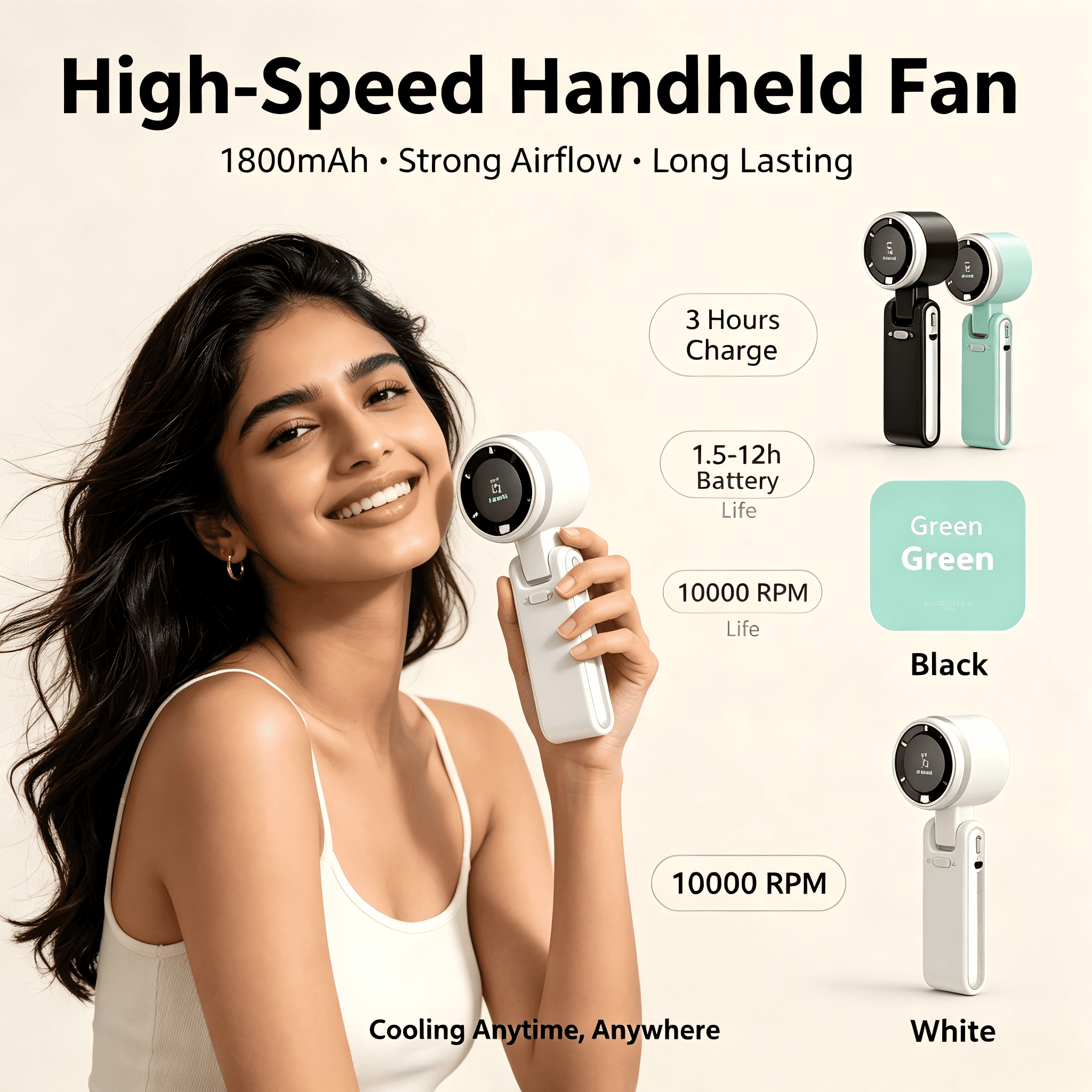 N607 Vortex Handheld Fan 10000RPM Foldable 1800mAh Rechargeable Portable Mini Cooling Fan