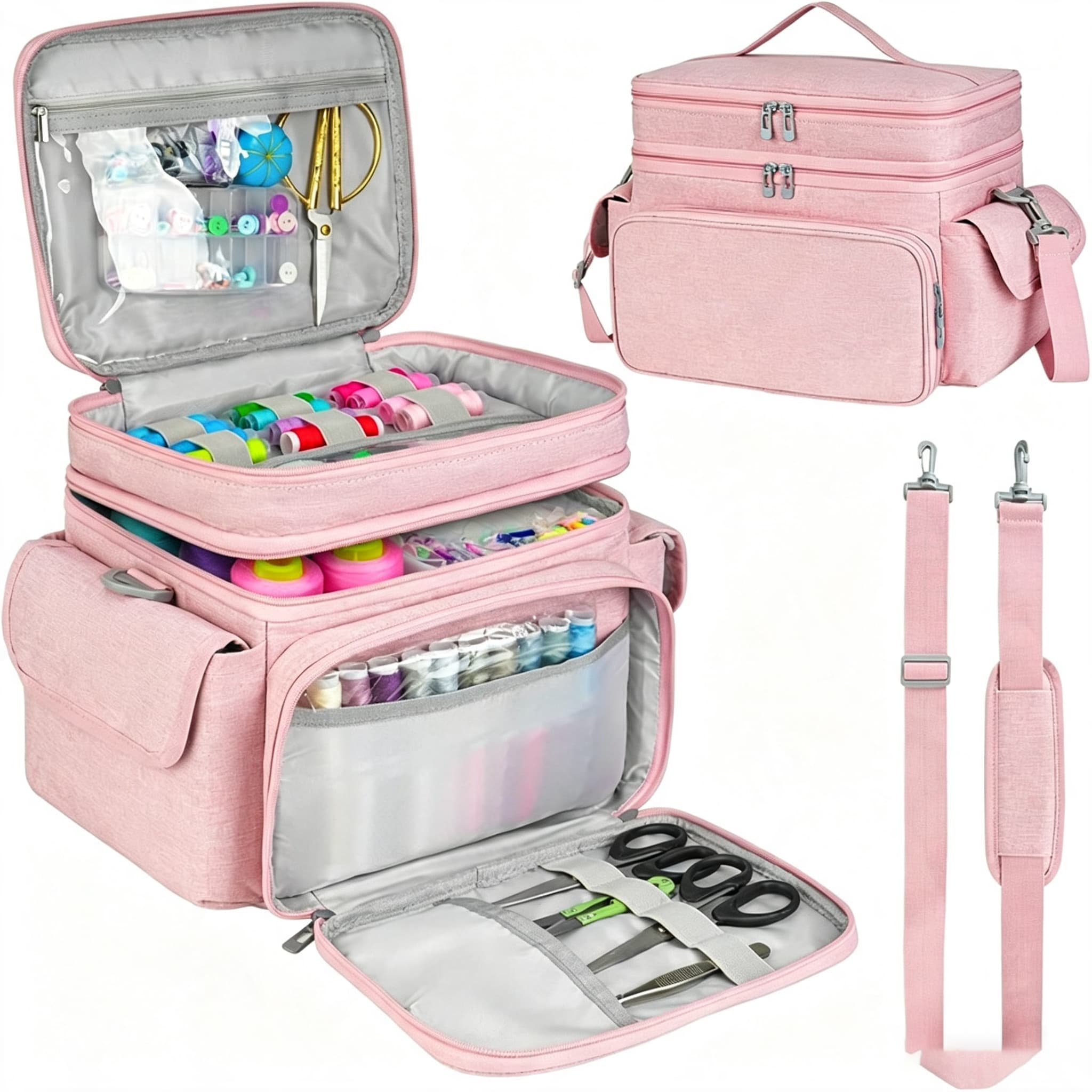 Double Layer Sewing Supplies Storage Bag, Large Capacity Craft Organizer Tote with Removable Dividers, Adjustable Shoulder Strap #FE5AAF thumbnail