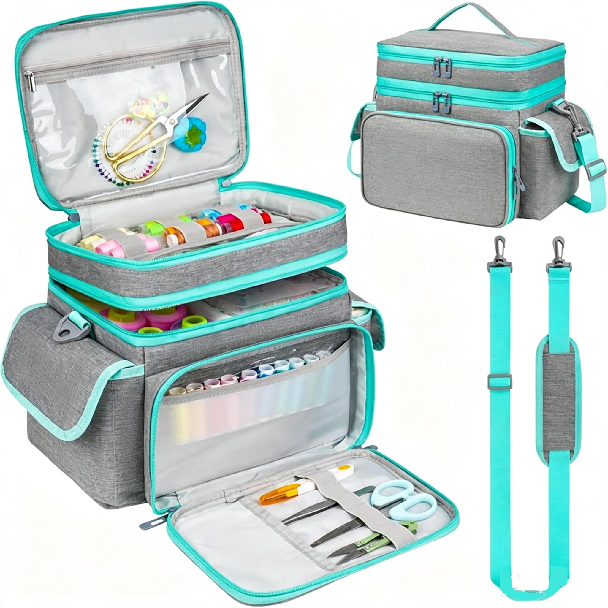 Double Layer Sewing Supplies Storage Bag, Large Capacity Craft Organizer Tote with Removable Dividers, Adjustable Shoulder Strap #ADA8A8 thumbnail