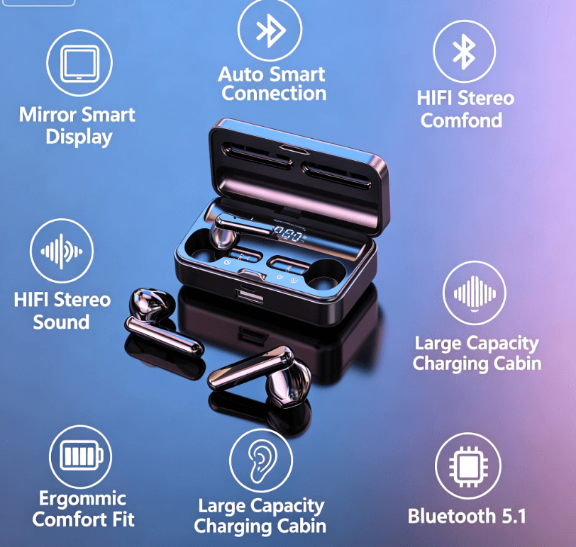 Bluetooth 5.1 Wireless Earbuds Smart Mirror Display HIFI Stereo Earphones Built-in Mic for Calls Gamin image 3