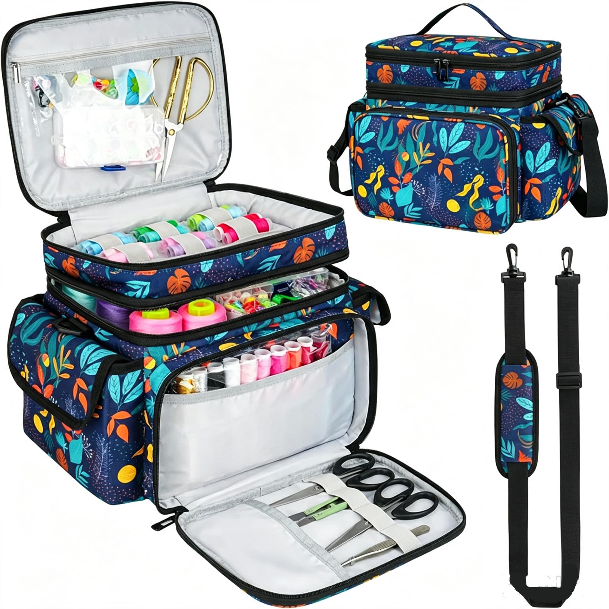 Double Layer Sewing Supplies Storage Bag, Large Capacity Craft Organizer Tote with Removable Dividers, Adjustable Shoulder Strap #EC0717 thumbnail