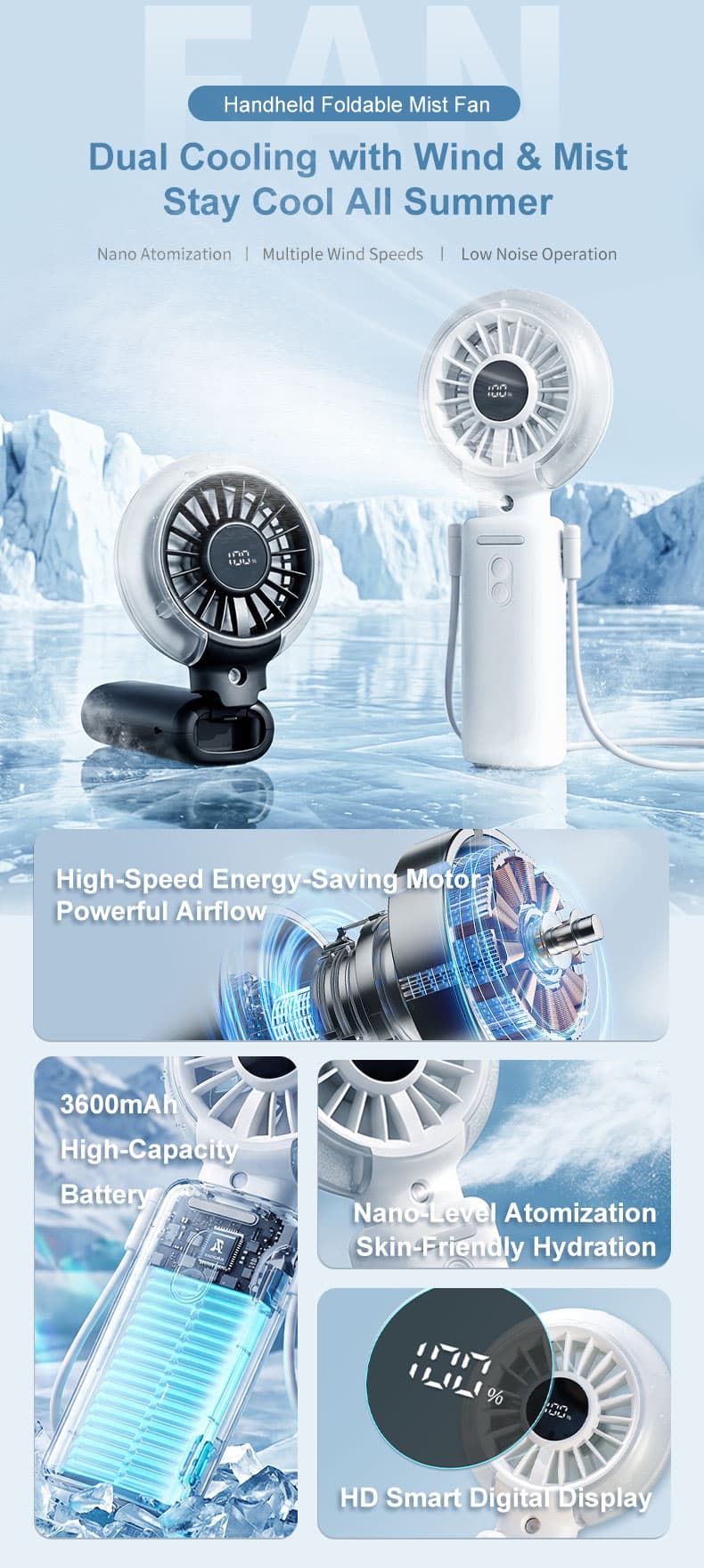 Y5 Handheld Foldable Mist Fan, Portable Mini Cooling Spray Fan with Digital Display image 7