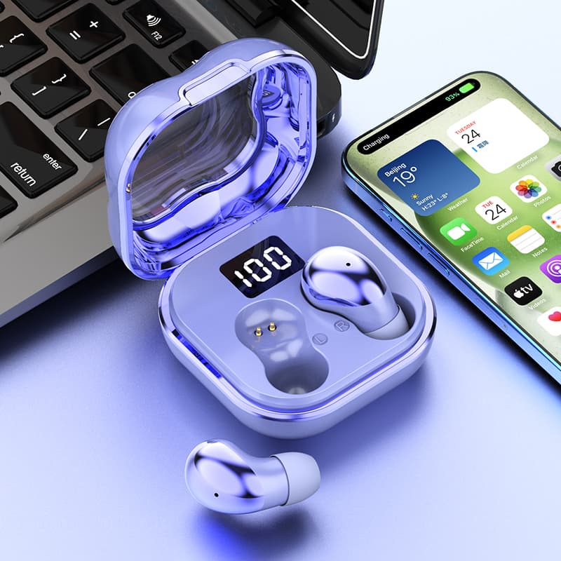 Mini Sleep Wireless Earbuds ENC Noise Cancelling Invisible Soft Silicone Bluetooth Headphones Digital Power Display Purple thumbnail