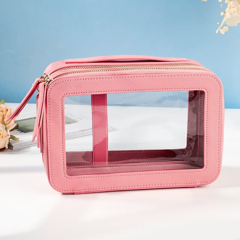Double Layer Transparent PVC Cosmetic Bag Waterproof PU Large Capacity Portable Travel Makeup Storage Organizer Pink thumbnail